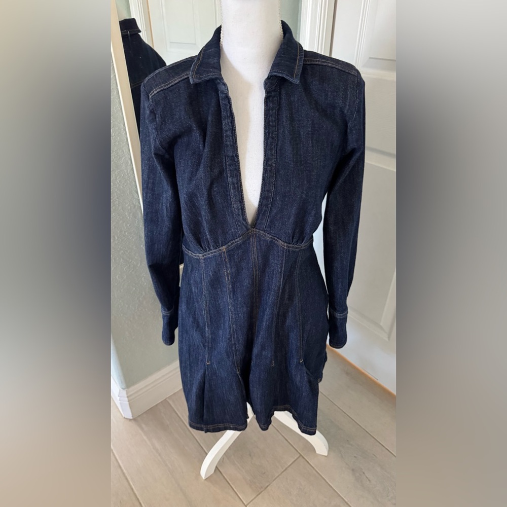 Pilcro by Anthropologie Denim Mini Dress 12P Dark Wash Long Sleeve V-Neck Petite